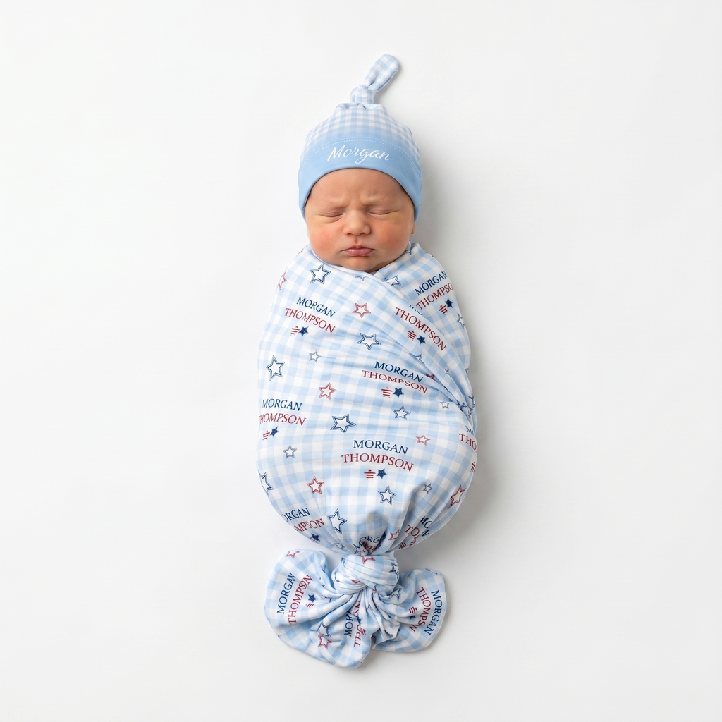 Personalized Knotted Hat in Baby Blue Gingham