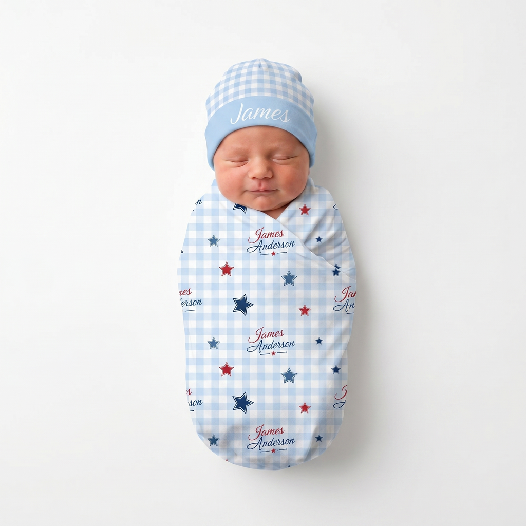 Personalized Beanie in Baby Blue Gingham