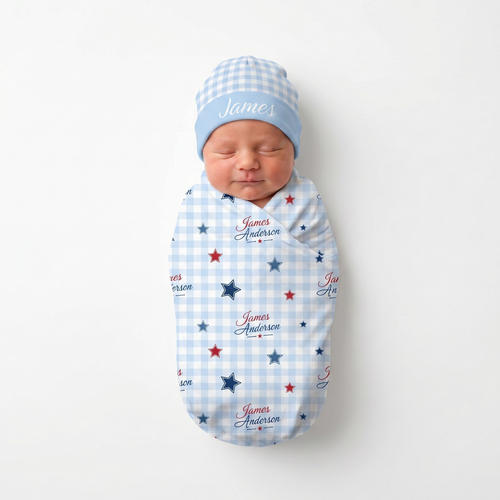 Personalized Beanie in Baby Blue Gingham
