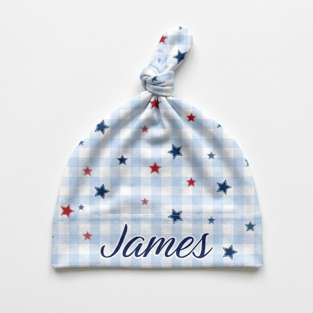 Personalized Knotted Hat in Red, Blue and Star